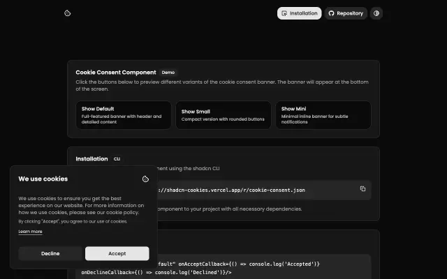 shadcn-cookie-consent screenshot