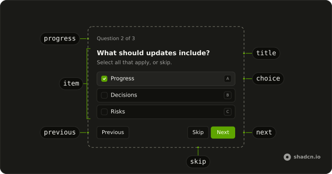 Questionnaire anatomy: progress, item, title, choice, previous, skip, next